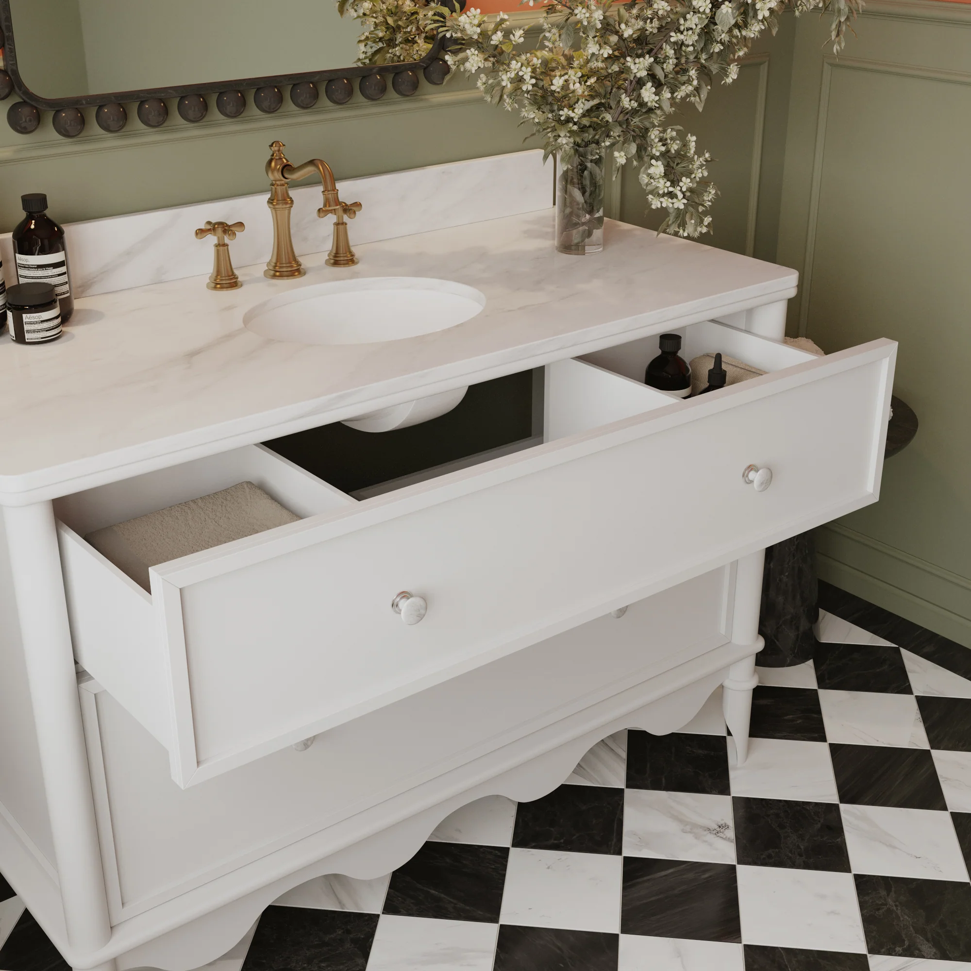 Juliette 48"W Scallop Single Bathroom Vanity | Blanc White |Cultured Marble Countertop - Image 6