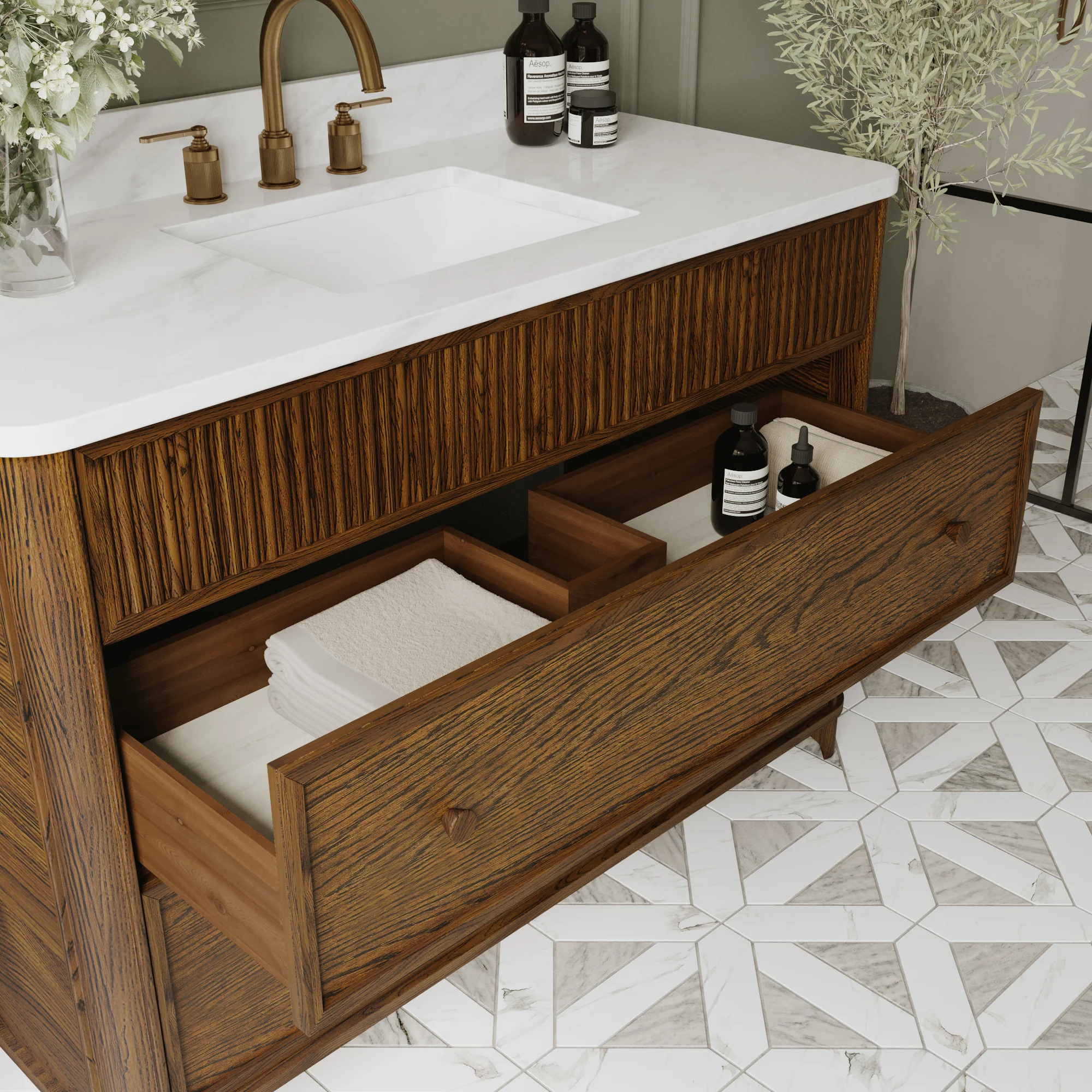 Kathryne 48" Single Bathroom Vanity in Enhanced Brown Oak | Statuario Quartz Countertop - Image 10