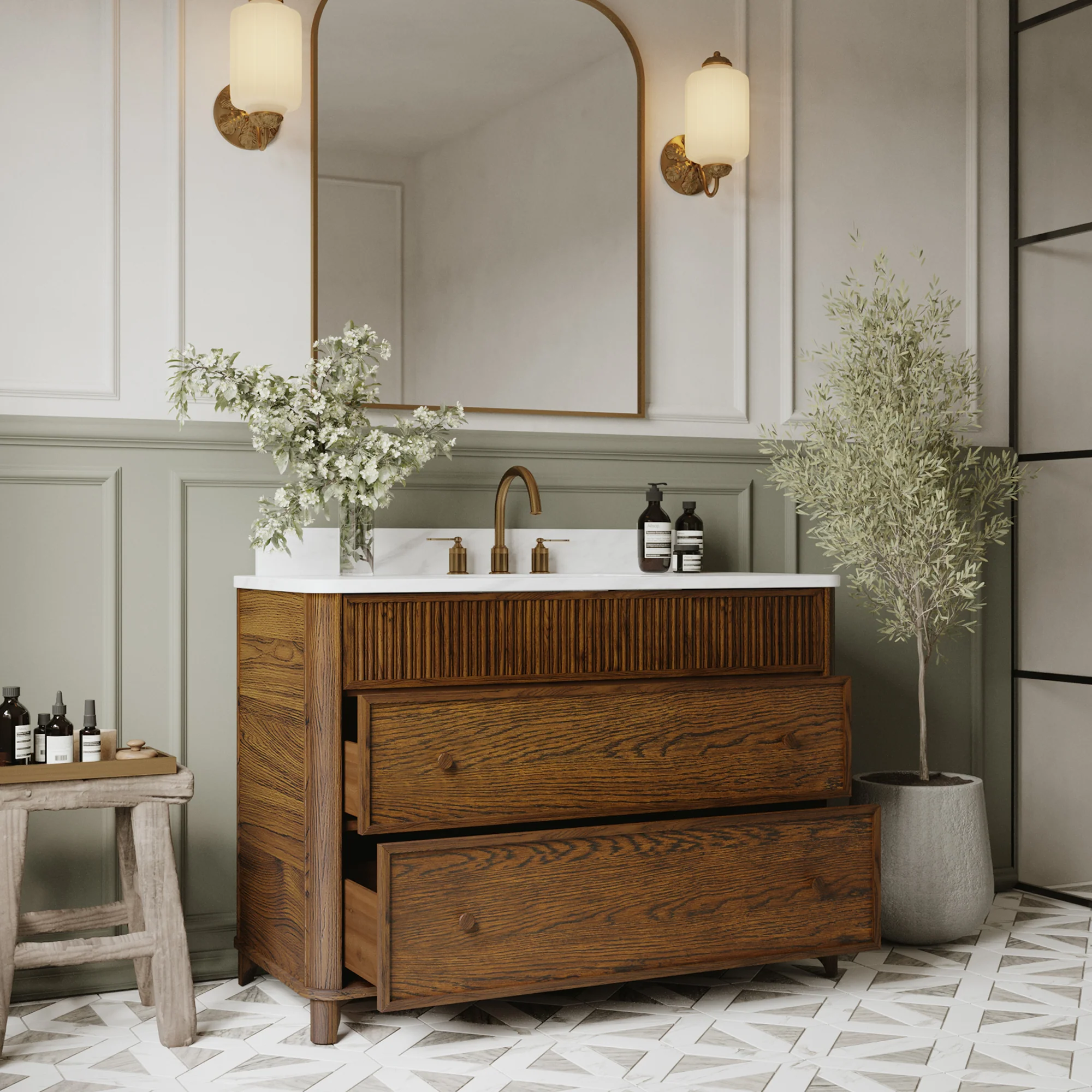Kathryne 48" Single Bathroom Vanity in Enhanced Brown Oak | Statuario Quartz Countertop - Image 3