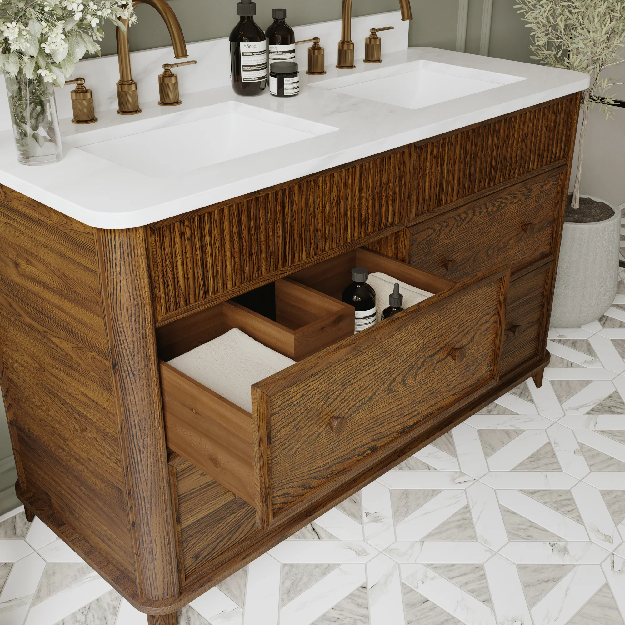 Kathryne 54" Double Bathroom Vanity in Enhanced Brown Oak | Statuario Quartz Countertop - Image 7
