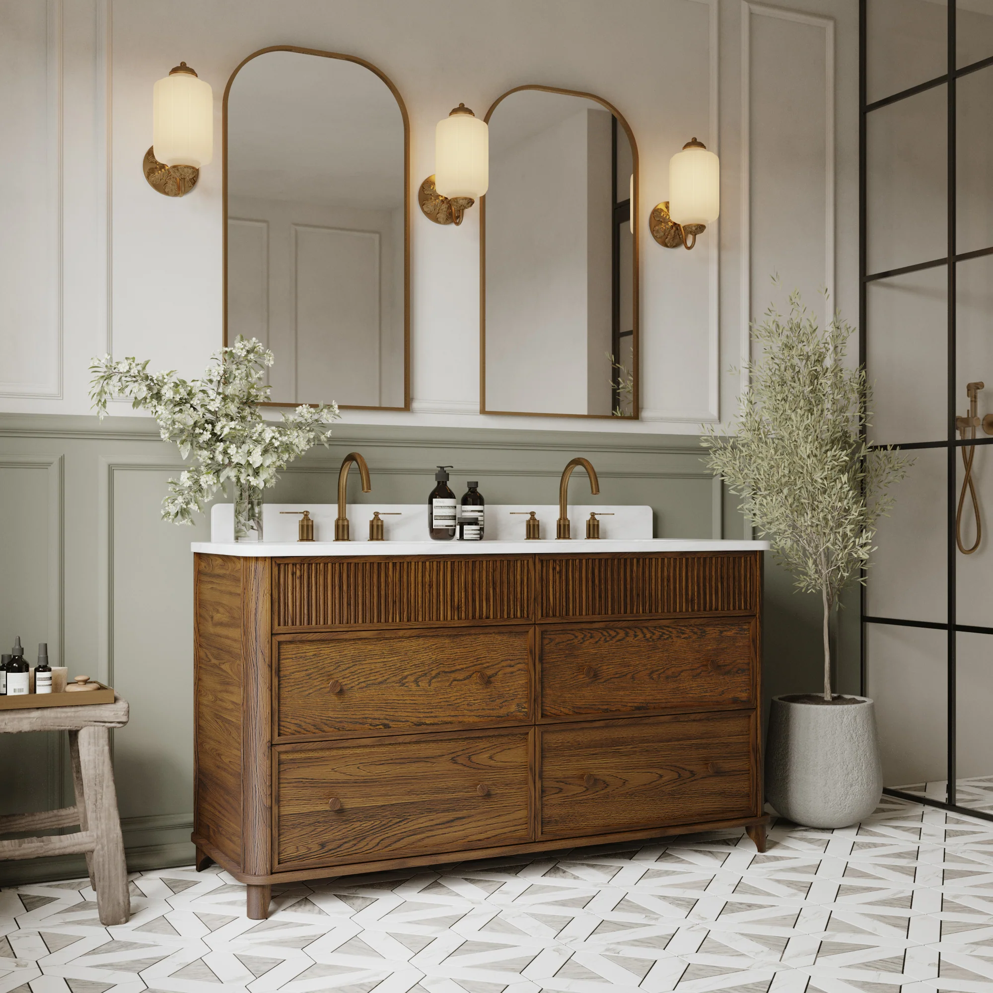 Kathryne 60" Double Bathroom Vanity in Enhanced Brown Oak | Statuario Quartz Countertop - Image 2