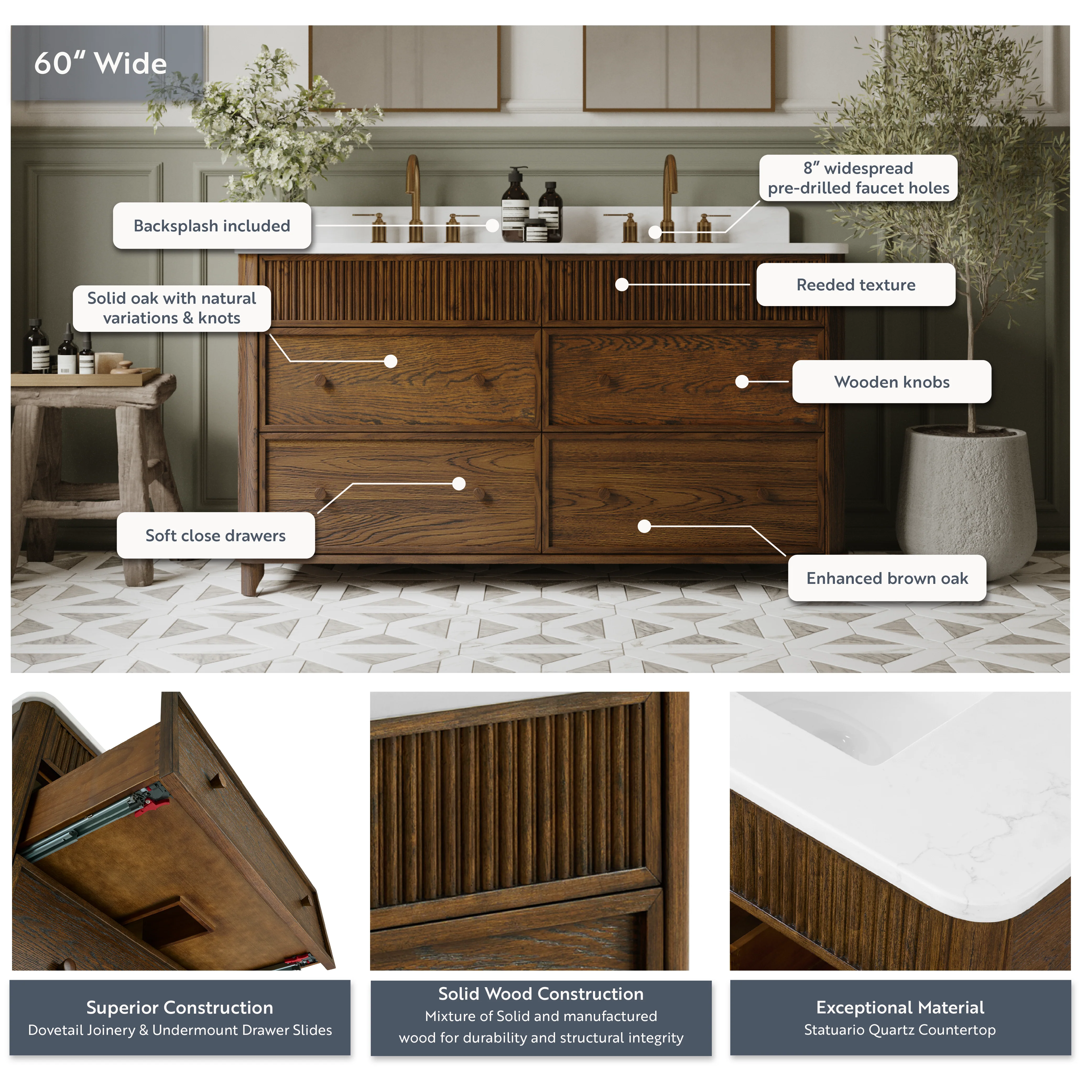 Kathryne 60" Double Bathroom Vanity in Enhanced Brown Oak | Statuario Quartz Countertop - Image 4