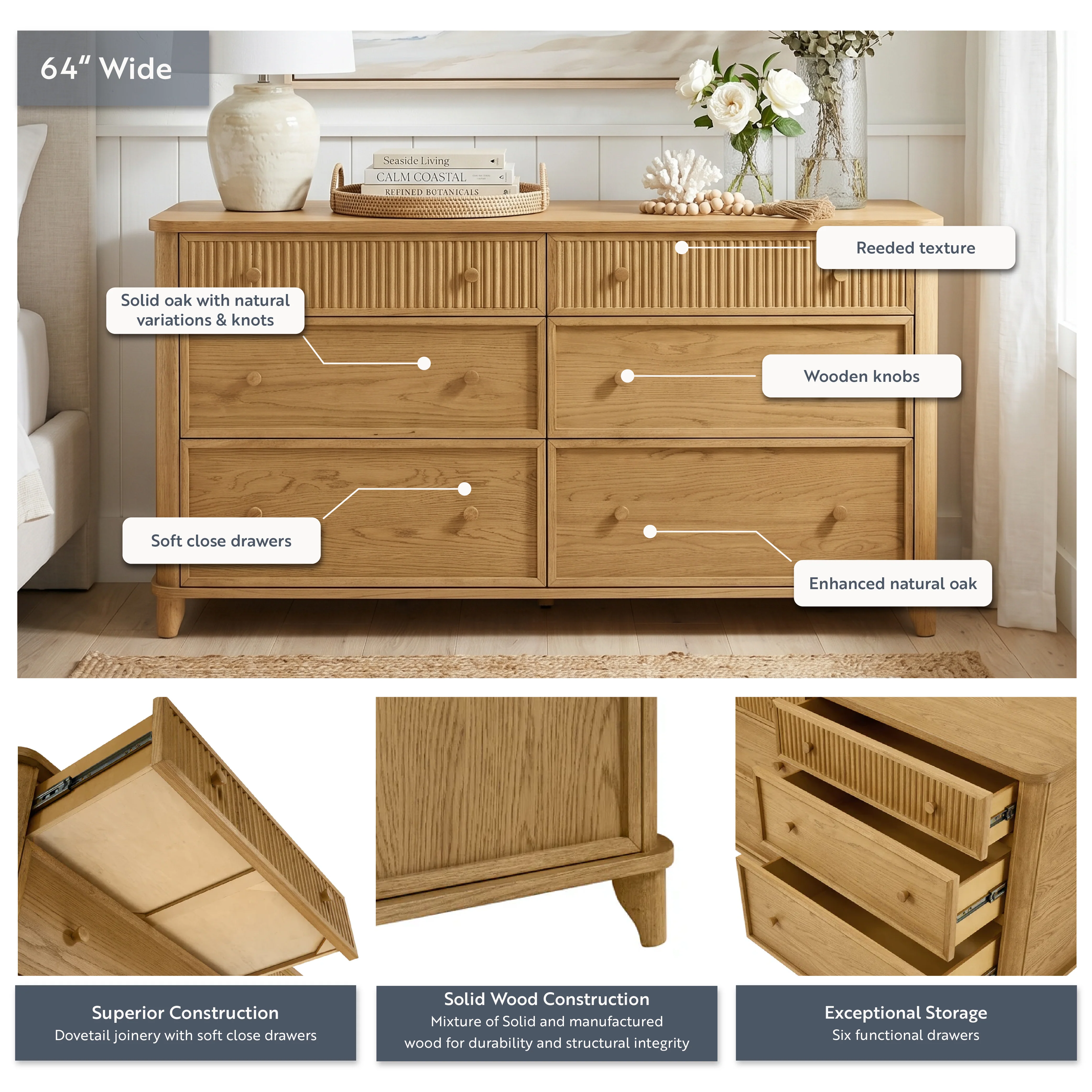 Kathryne 64" Wide Solid Wood 6-Drawer Double Dresser In Natural Oak - Image 4