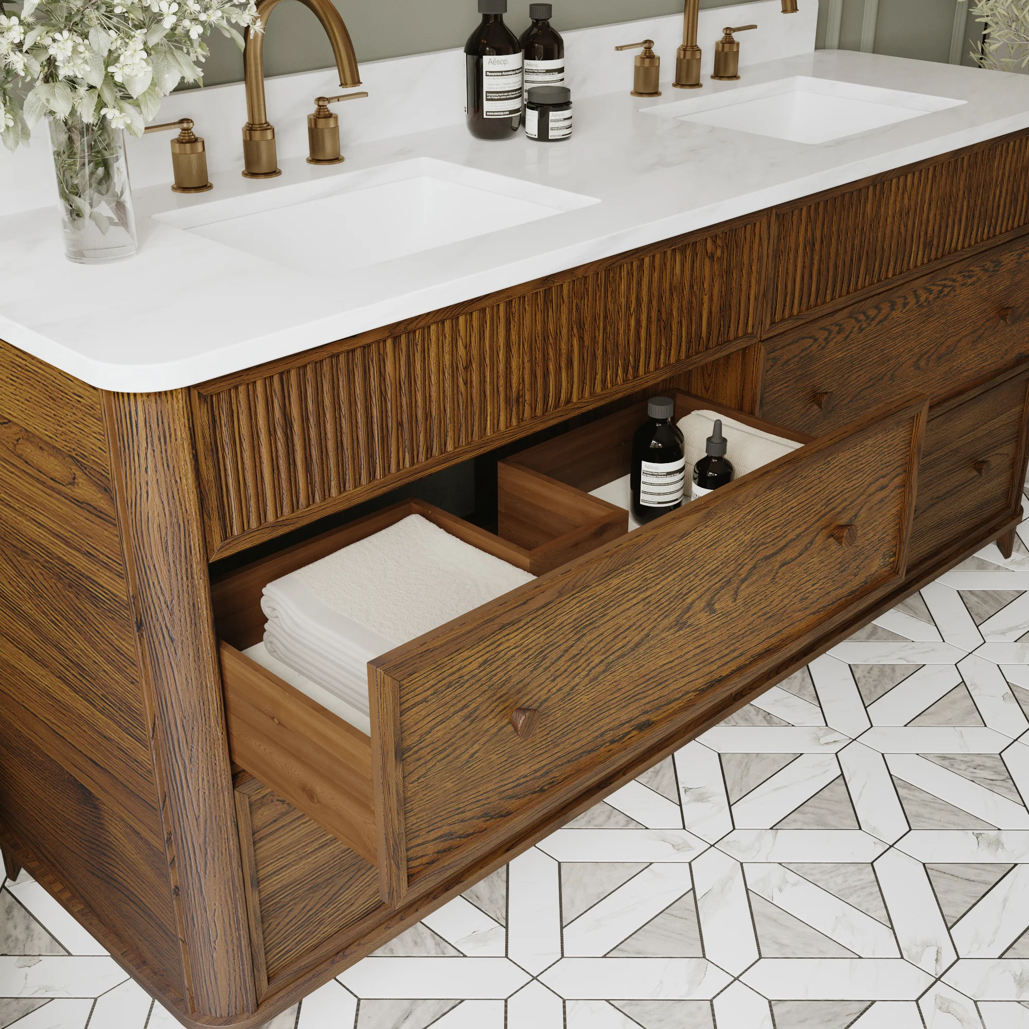 Kathryne 72" Double Bathroom Vanity in Enhanced Brown Oak | Statuario Quartz Countertop - Image 18