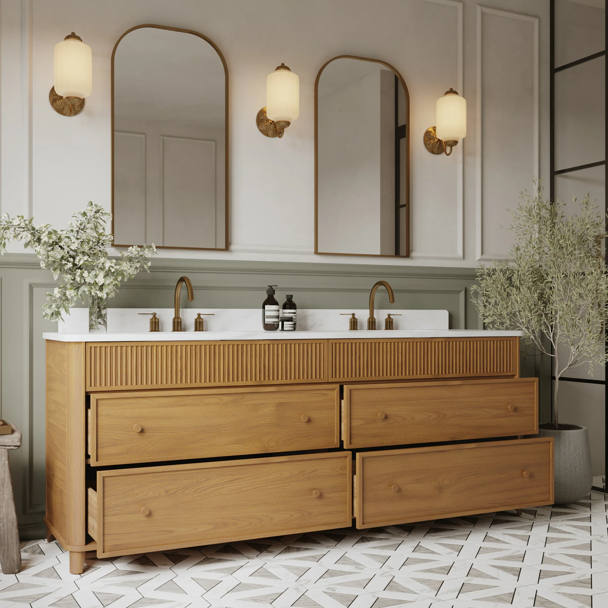 Kathryne Reeded 84" Double Bathroom Vanity in Enhanced Natural Oak | Statuario Quartz Countertop - Image 3