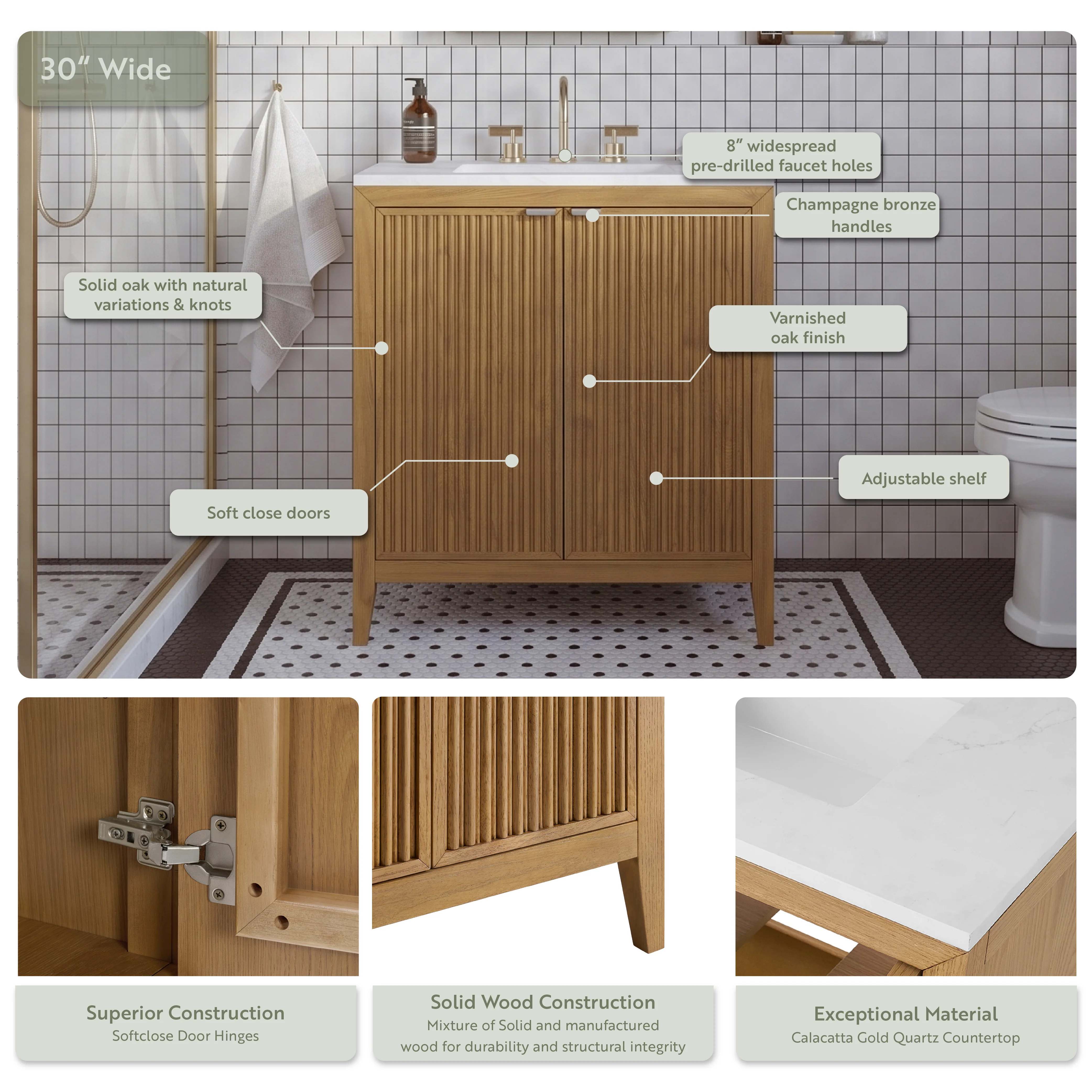 Kendal 30"W x 20"D RTA Single Sink Bathroom Vanity | Calacatta Gold Quartz Countertop - Image 7