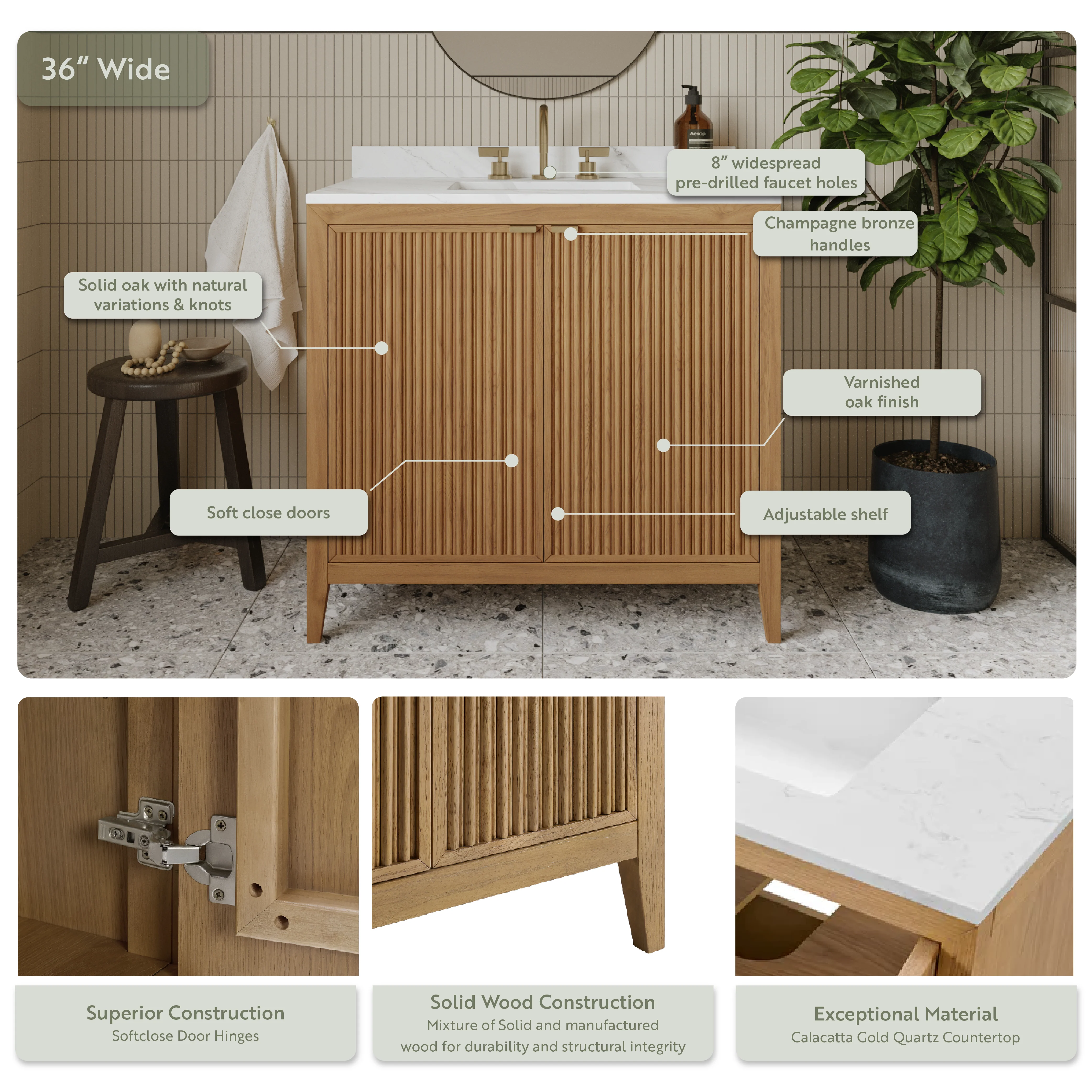 Kendal 36"W x 22"D RTA Single Sink Bathroom Vanity | Calacatta Gold Quartz Countertop - Image 5