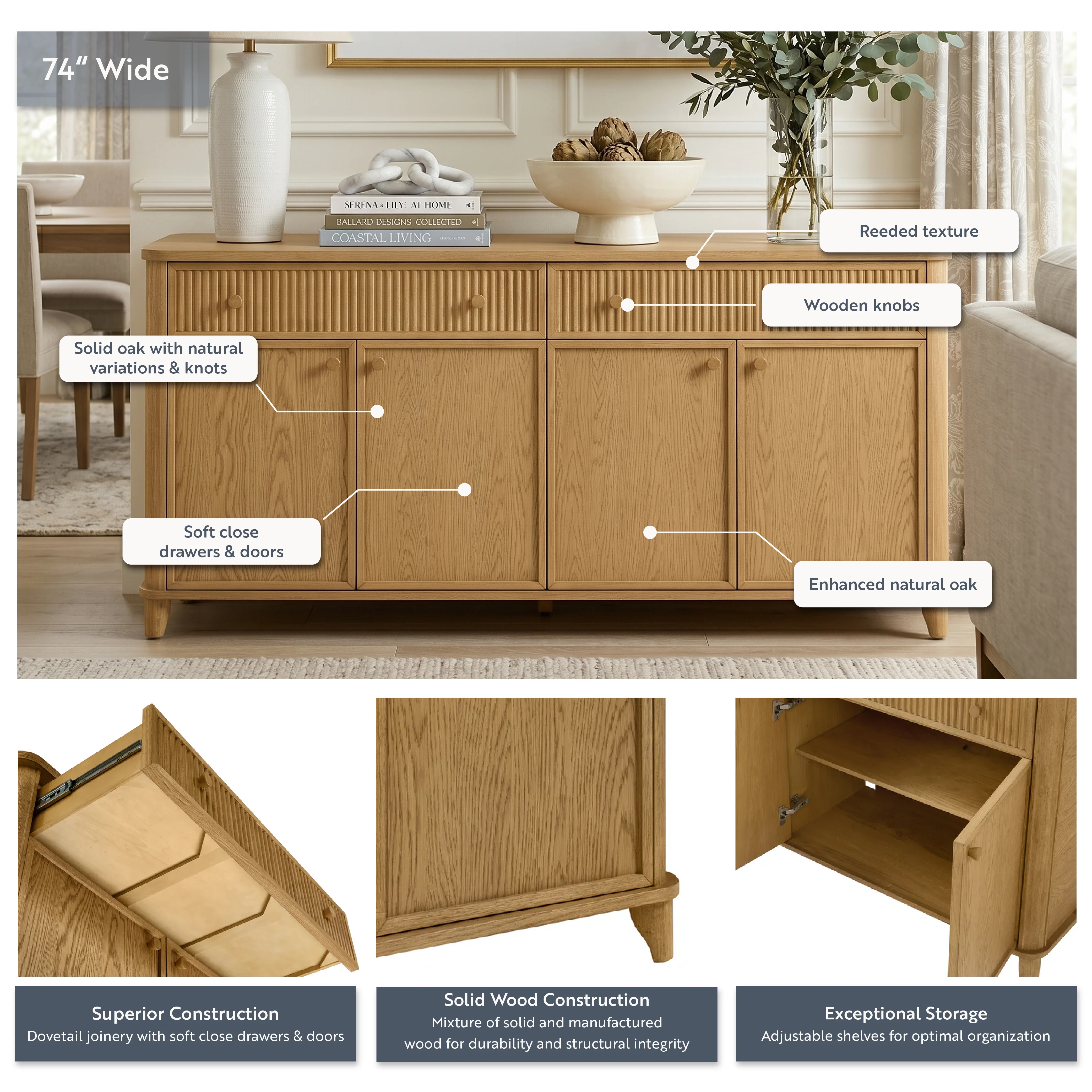 Kathryne 74" Solid Wood Sideboard Buffet In Natural Oak - Image 5