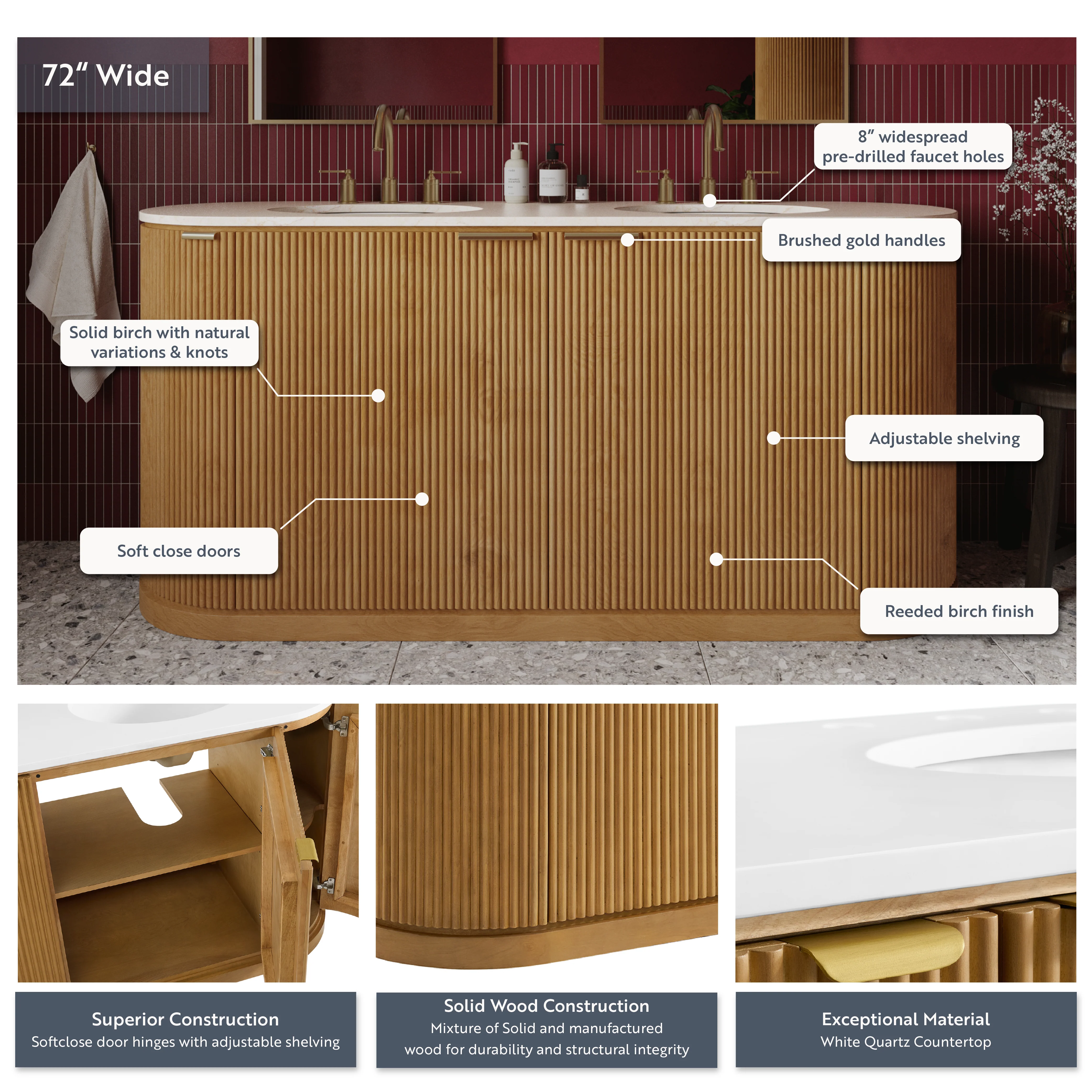 Luna Reeded 72" Double Bathroom Vanity With Quartz Countertop - Image 20