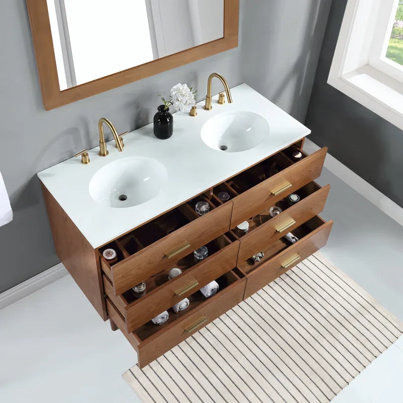 Stockholm 54" Double Bathroom Vanity in Natural Walnut | Quartz Countertop - Image 5