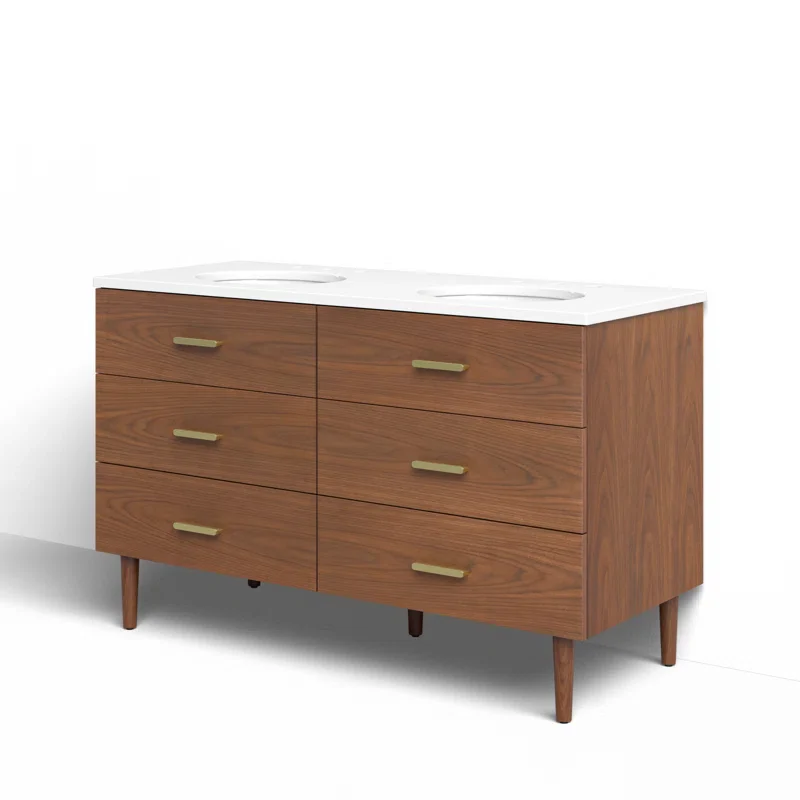 Stockholm 54" Double Bathroom Vanity in Natural Walnut | Quartz Countertop - Image 8