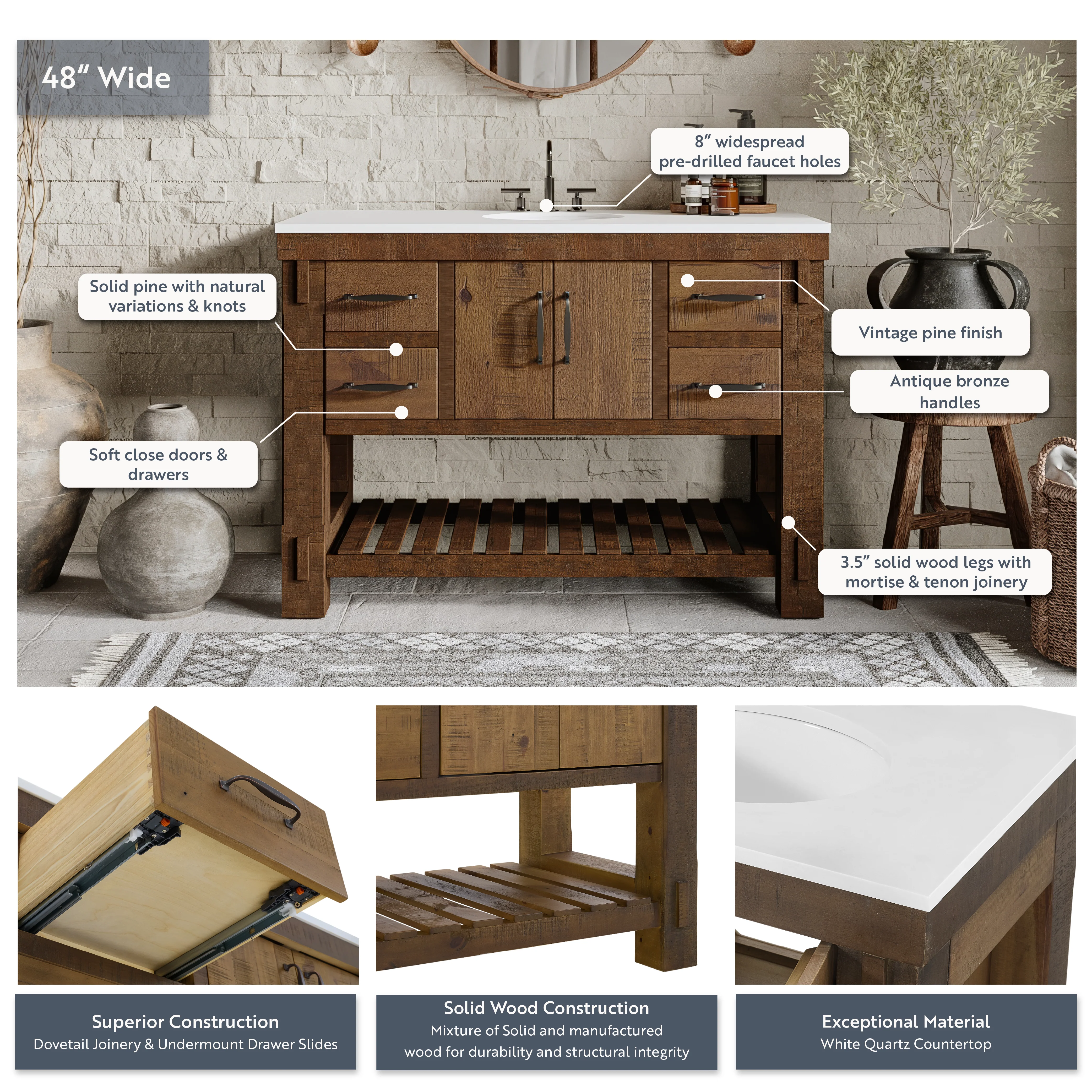 Telluride 48" Single Sink Bathroom Vanity | White Quartz Countertop - Image 5
