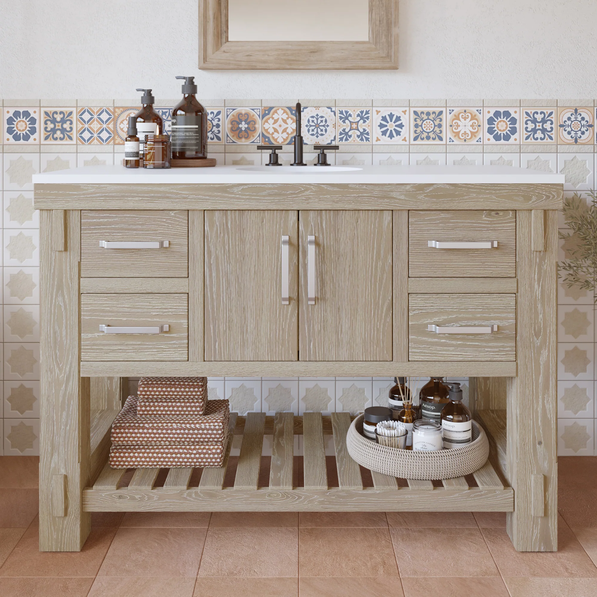 Telluride 48" Single Sink Bathroom Vanity in Washed Pine | White Quartz Countertop