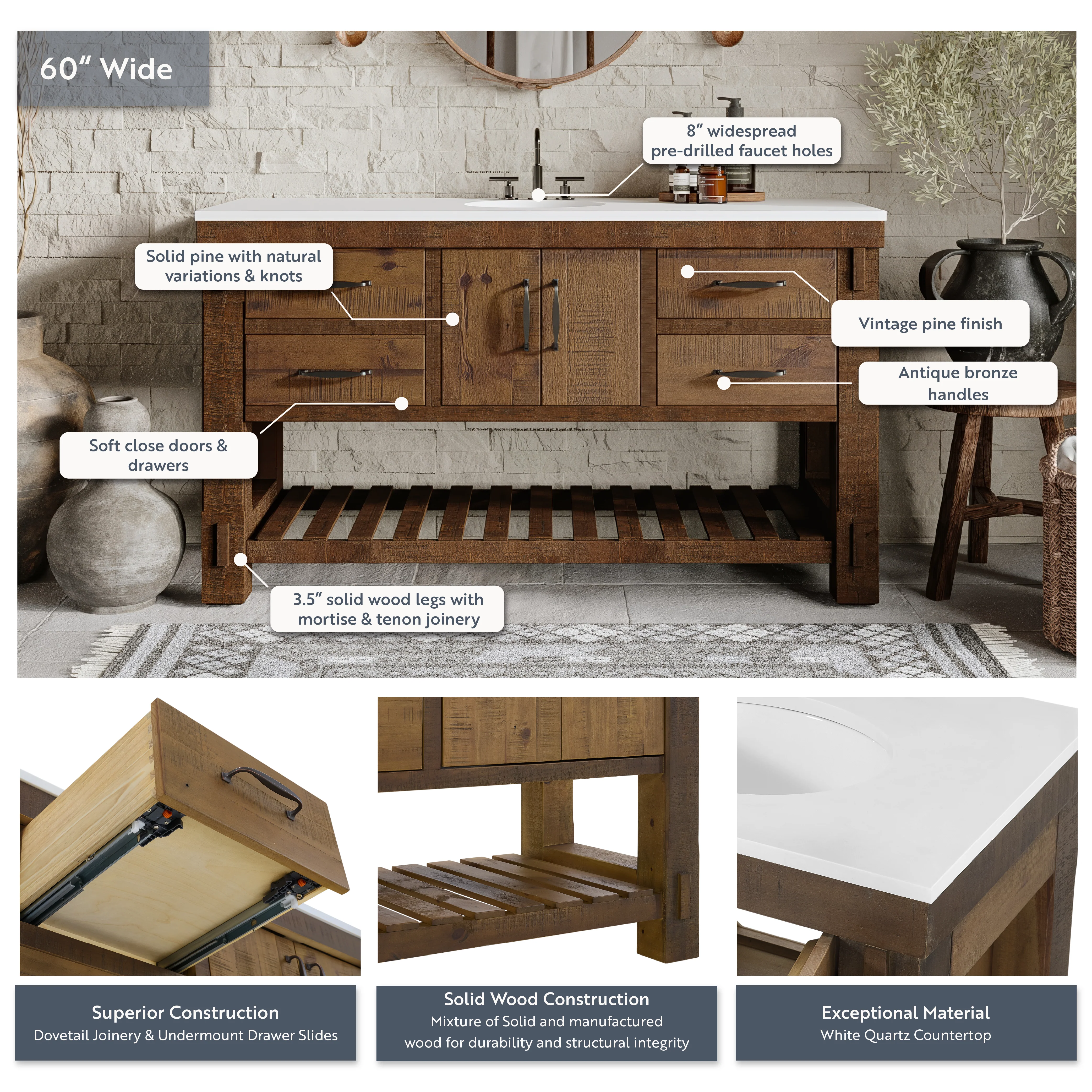 Telluride 60" Single Sink Bathroom Vanity | White Quartz Countertop - Image 10