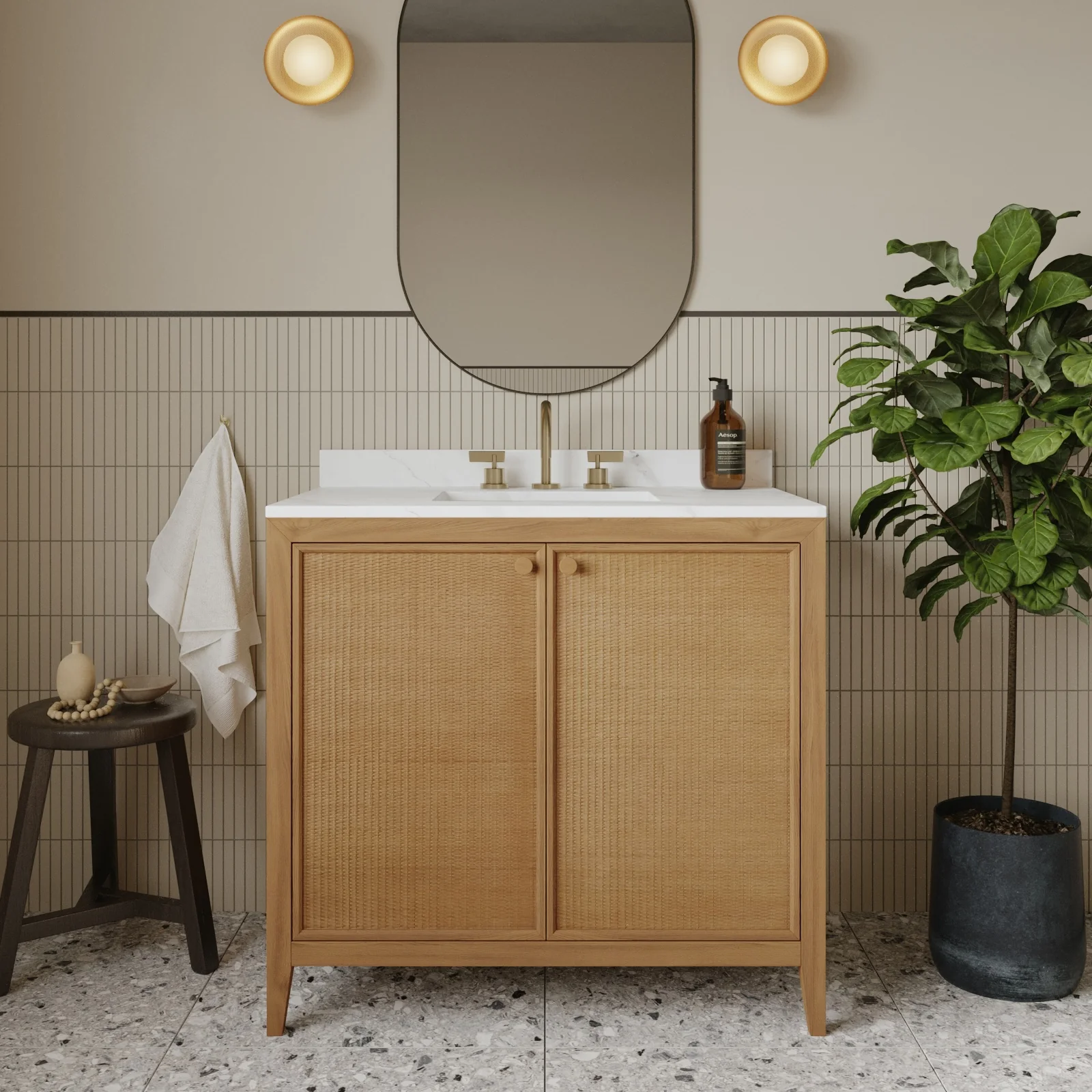 Whitney 36"W x 22"D Rattan RTA Single Bathroom Vanity | Calacatta Gold Quartz Countertop - Image 15